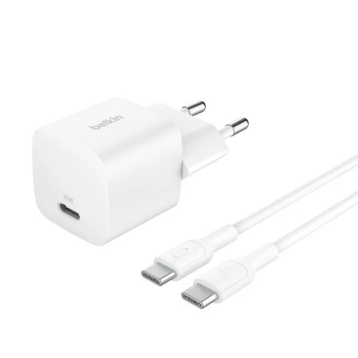 طقم شاحن حائط بيلكين 25W USB-C مع كابل 1 متر - أبيض طقم شاحن حائط بيلكين 25W USB-C مع كابل 1 متر - أبيض