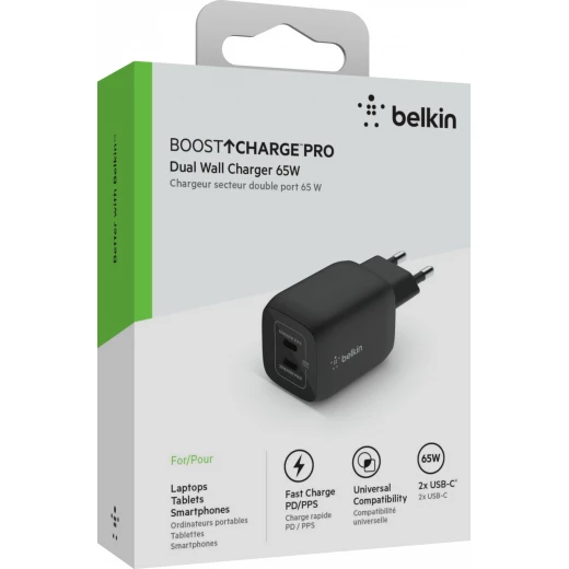 شاحن بلكين BoostCharge PRO مزدوج بقدرة 65 واط، بمنفذي USB-C وتقنية GaN وPPS، يوفر 65 واط أو 45 + 20 واط عند استخدام المنفذين معًا - بيلكين - Image 3