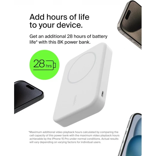 Belkin Portable Charger, Wireless Power Bank 15W 8000 mAh w/ Qi2 - MagSafe Charger w/Built-in Pop-up Kickstand - Compatible w/iPhone 17, Air, Pro, Pro Max, Google Pixel 10, etc. - White - Belkin - Image 4