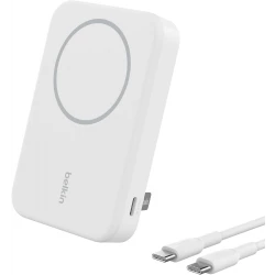 Belkin Portable Charger, Wireless Power Bank 15W 8000 mAh w/ Qi2 - MagSafe Charger w/Built-in Pop-up Kickstand - Compatible w/iPhone 17, Air, Pro, Pro Max, Google Pixel 10, etc. - White