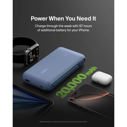 Belkin Portable Charger, Power Bank with Integrated Cable 20K PD 30W - Fast Charging USB-C Power Delivery, Portable Charger for iPhone 16 Series, iPad Pro, Galaxy S25 Series, and More - Blue - Belkin - Image 4