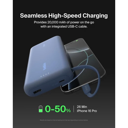 Belkin Portable Charger, Power Bank with Integrated Cable 20K PD 30W - Fast Charging USB-C Power Delivery, Portable Charger for iPhone 16 Series, iPad Pro, Galaxy S25 Series, and More - Blue - Belkin - Image 3