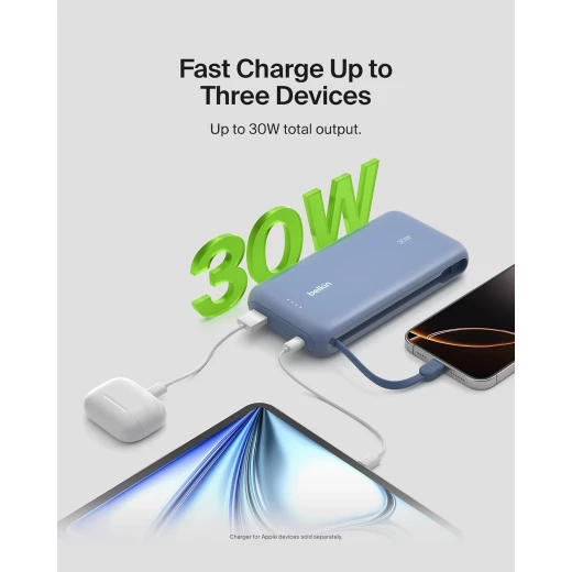 Belkin Portable Charger, Power Bank with Integrated Cable 20K PD 30W - Fast Charging USB-C Power Delivery, Portable Charger for iPhone 16 Series, iPad Pro, Galaxy S25 Series, and More - Blue - Belkin - Image 2