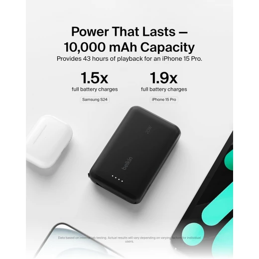 باور بانك بيلكين BoostCharge بسعة 10000 مللي أمبير – PD بقوة 20 واط مع كابل USB-C مدمج ومنفذ USB-C – أسود - بيلكين - Image 2