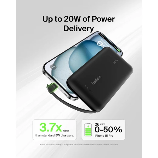 باور بانك بيلكين BoostCharge بسعة 10000 مللي أمبير – PD بقوة 20 واط مع كابل USB-C مدمج ومنفذ USB-C – أسود - بيلكين - Image 6
