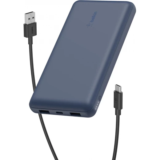 باور بانك بيلكين بوست تشارج بسعة 20,000 مللي أمبير، بثلاثة منافذ – USB-C بقوة 15 واط، ومنفذين USB-A، مع كابل USB-A إلى USB-C بطول 15 سم، أزرق