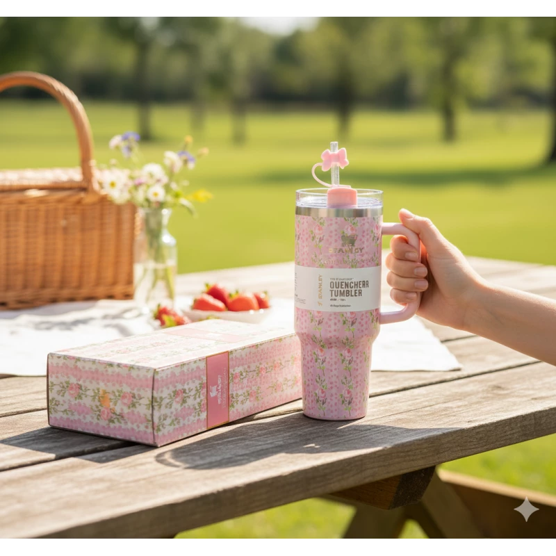 Stanley Master Cup 40oz (1182ml) – Pink Leaves – Large Capacity Mug for Hot & Cold Drinks - AS art