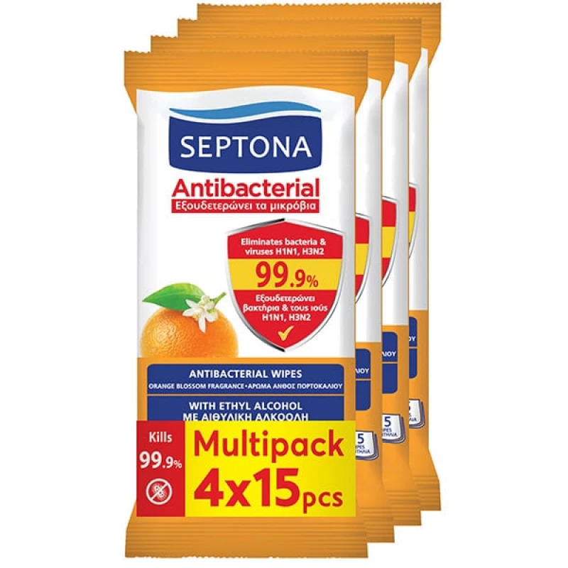 Septona Antibacterial Hand Wipes with Orange Blossom Scent 60 Count 4 x 15 pcs - Septona