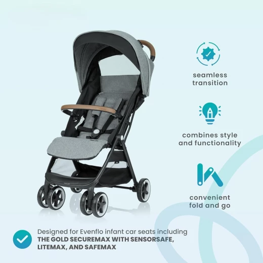 عربة أطفال Evenflo Gold Otto ذاتية الطي، خفيفة الوزن، متوافقة مع مقعد السيارة، لون Moonstone - ايفين فلو - Image 7