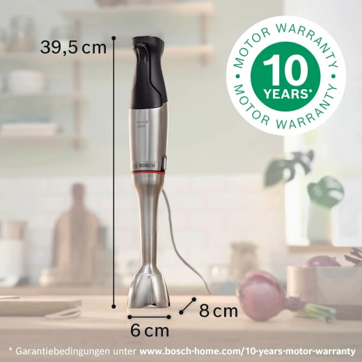 خلاط يدوي بوش ErgoMaster Series 6 MSM6M8X1، شفرات من الفولاذ المقاوم للصدأ، وصلة سيراميكية مقاومة للتآكل، تبريد هوائي، مفرمة، قاطع مكعبات، مضرب، بقدرة 1200 واط - بوش - Image 9