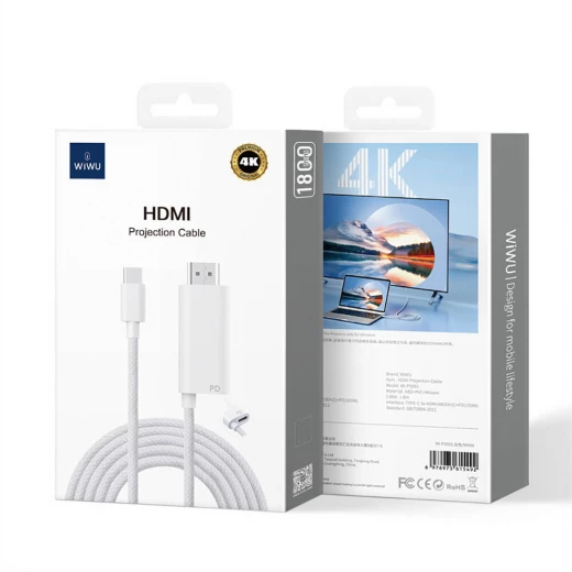 كابل وي وو Type-C إلى HDMI بدقة 4K UHD مع شحن PD - 1.8 متر كابل وي وو Type-C إلى HDMI بدقة 4K UHD مع شحن PD - 1.8 متر