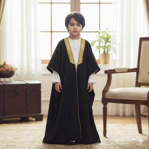بشت أطفال أسود مطرز باللون الذهبي مقاس 5 مثالي للمناسبات الرسمية والتقليدية من البرديني بشت أطفال أسود مطرز باللون الذهبي مقاس 5 مثالي للمناسبات الرسمية والتقليدية من البرديني