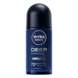 NIVEA Men Deep Black Carbon Roll-On 50ml, 72h Sweat & Odor Protection, MAXXTECH Formula, Long-Lasting Dark Wood Scent, Gentle on Skin