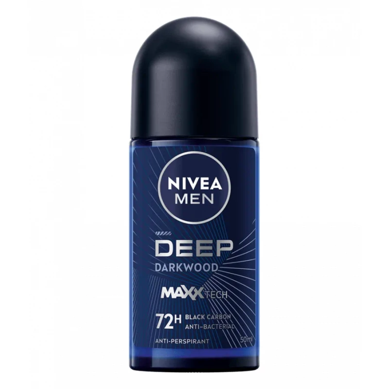 NIVEA Men Deep Black Carbon Roll-On 50ml, 72h Sweat & Odor Protection, MAXXTECH Formula, Long-Lasting Dark Wood Scent, Gentle on Skin - Nivea