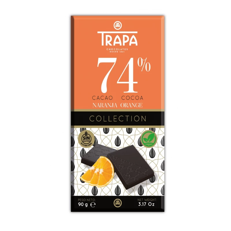 Trapa Collection Black 74% Orange Chocolate Bar 90g - Intense Flavor - Trapa
