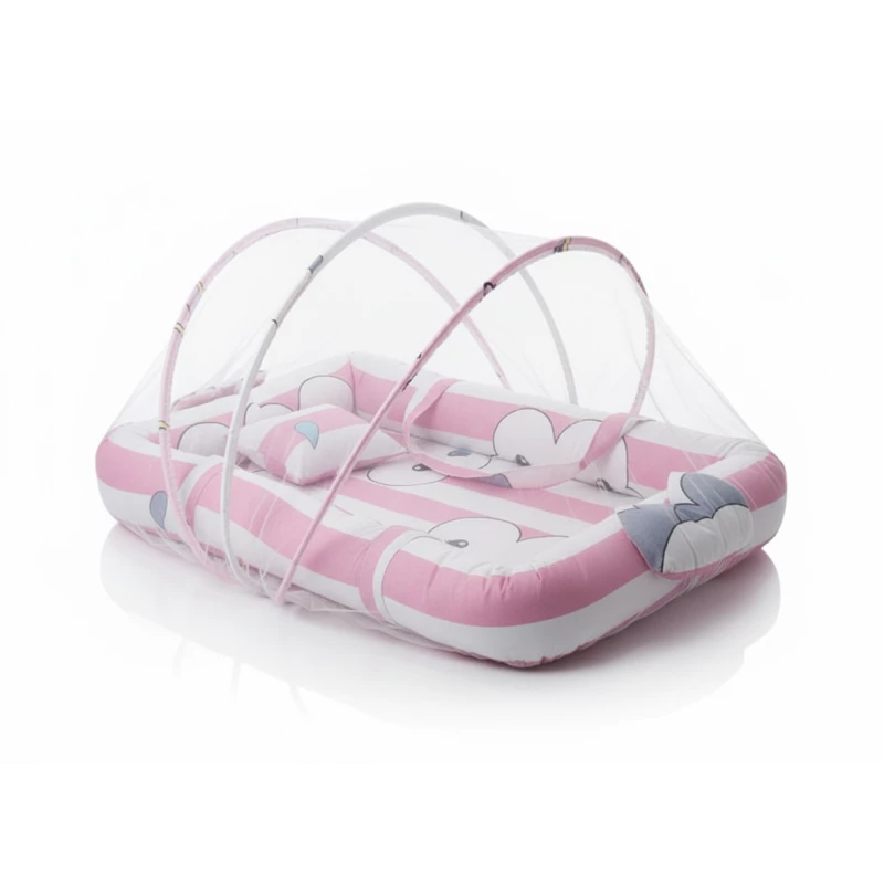 Baby Bed with Mosquito Net – Foldable Cotton Travel Crib, Safe Sleep for Infants, Portable and Lightweight, Pink