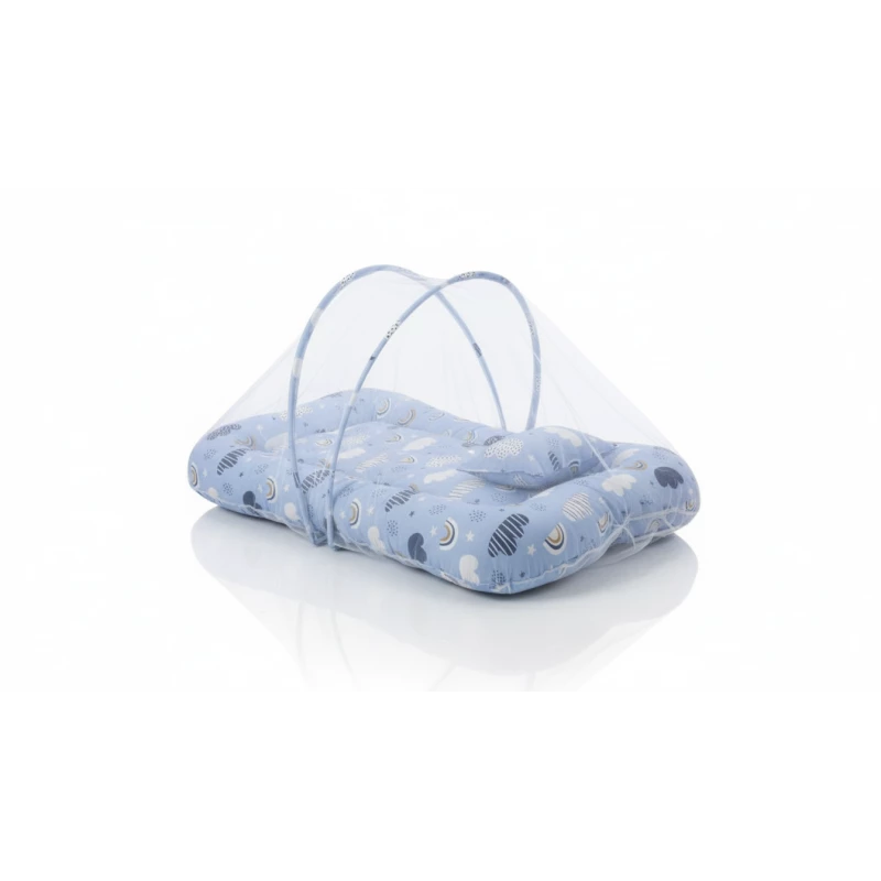 Baby Bed with Mosquito Net – Foldable Cotton Travel Crib, Safe Sleep for Infants, Portable and Lightweight, Blue