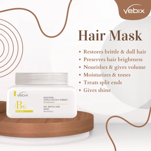 Vebix B6 Dry and Brittle Hair Mask Revitalizing 200ml, Avocado, Camellia, Linseed Oils - vebix - Image 2
