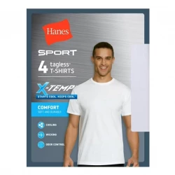 Hanes Men's X-Temp Sport Crewneck Undershirts 4-Pack White, Moisture-Wicking Performance Tee Small