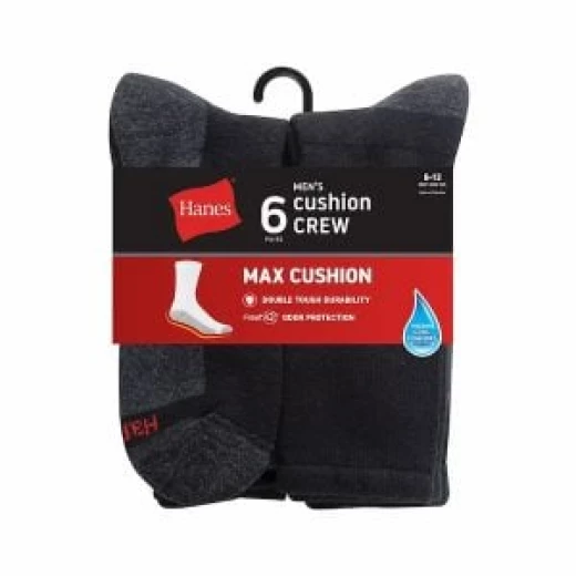 Hanes Double Tough Men's Crew Socks Comfort Top Black 6-Pairs Shoe Size 12-14
