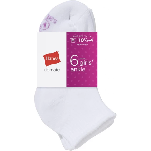 Hanes Ultimate Girls Ankle Socks 6-Pair Pack White Large Shoe Size 4-10 - Image 3