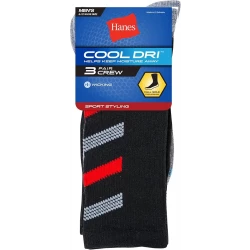 Hanes Cool DRI Men's Crew Socks with Ventilation, 3-Pairs Black, Shoe Size 6-12
