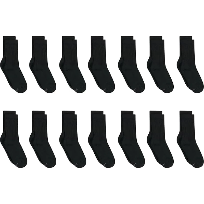 Hanes Boys' Crew Socks 12-Pack Cushion Black Athletic Socks, Sizes S-L