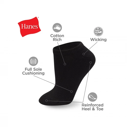 Hanes Boys' No Show Socks 12-Pack Cushioned Black Athletic Socks Sizes S-L - Image 2