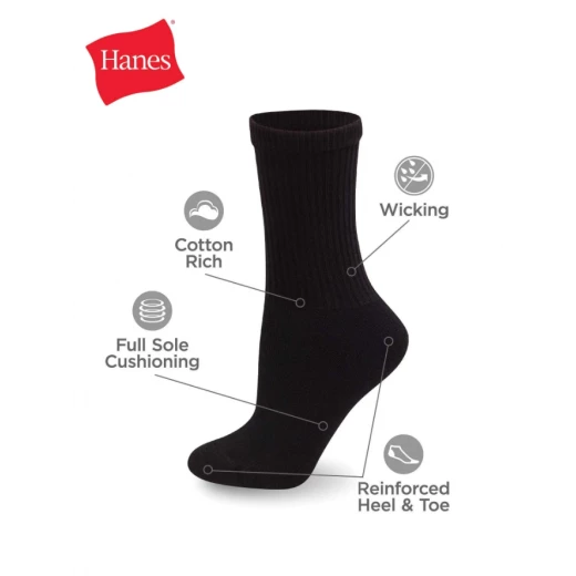 Hanes Boys' Double Tough Crew Socks 12-Pack Black Cushioned Athletic Socks Sizes S-L - Image 2