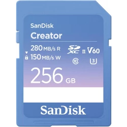 بطاقة ذاكرة SD Creator بسعة 256 جيجابايت، سرعات قراءة تصل إلى 280 ميجابايت/ثانية، مخصصة لكاميرات DSLR والكاميرات غير المزودة بمرآة، تدعم تصوير فيديو بدقة 4K UHD و6K، ​​فئة السرعة V60، تتضمن اشتراكًا مجانيًا لمدة شهر في Adobe Creative Cloud - SDSDXEP-256G-GNCIS من سان ديسك