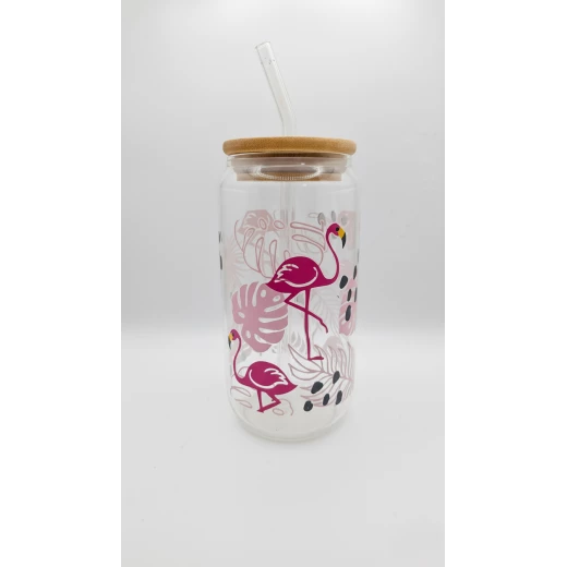 Timeless gifts, Flamingo-themed glass cup with a glossy pink lid, 550 ml, 1 piece Timeless gifts, Flamingo-themed glass cup with a glossy pink lid, 550 ml, 1 piece