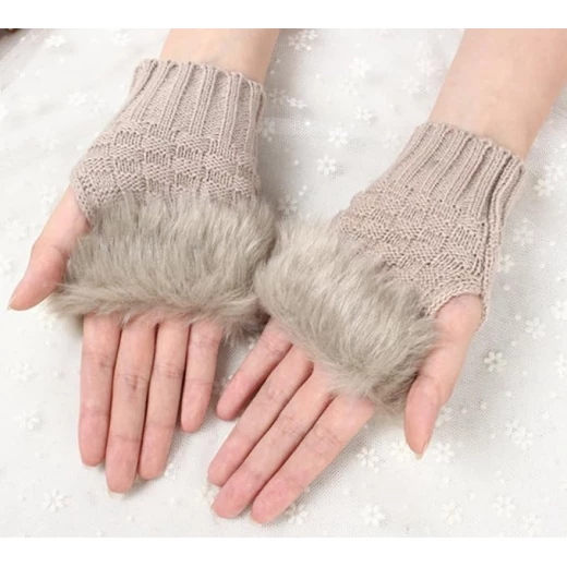 Women's Elegant Faux Fur Knitted Fingerless Gloves – Beige Girls Typing Mittens, Length 5.5" / 14cm - Lolo shop fashion - Image 3