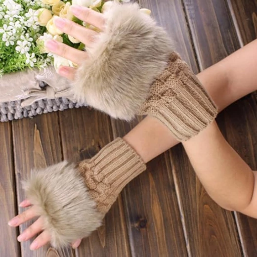 Women's Elegant Faux Fur Knitted Fingerless Gloves – Beige Girls Typing Mittens, Length 5.5" / 14cm - Lolo shop fashion - Image 2