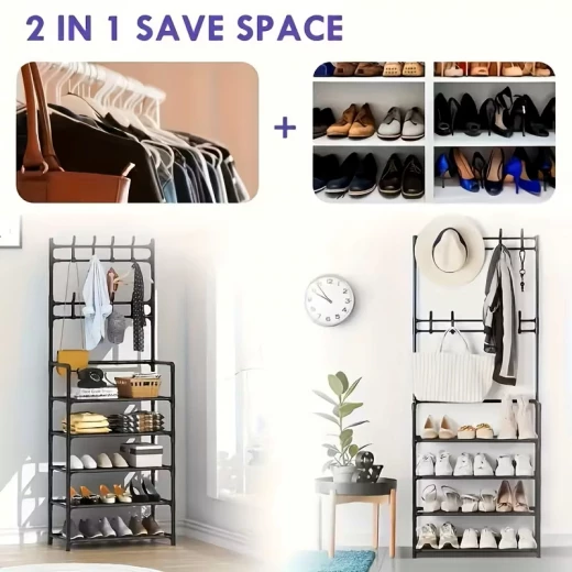 5 Layer Shoe Rack Entryway Organizer in Black with 6 Hooks for Shoes, Boots, and Accessories Fits up to 15 Pairs Easy Assembly - K store - Image 3