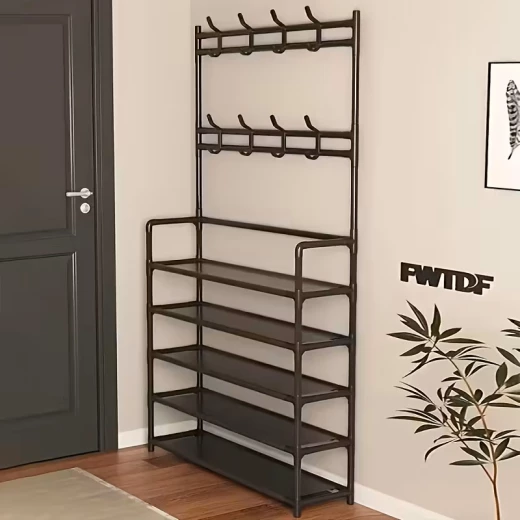 5 Layer Shoe Rack Entryway Organizer in Black with 6 Hooks for Shoes, Boots, and Accessories Fits up to 15 Pairs Easy Assembly