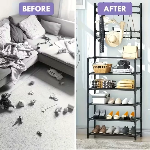 5 Layer Shoe Rack Entryway Organizer in Black with 6 Hooks for Shoes, Boots, and Accessories Fits up to 15 Pairs Easy Assembly - K store - Image 2