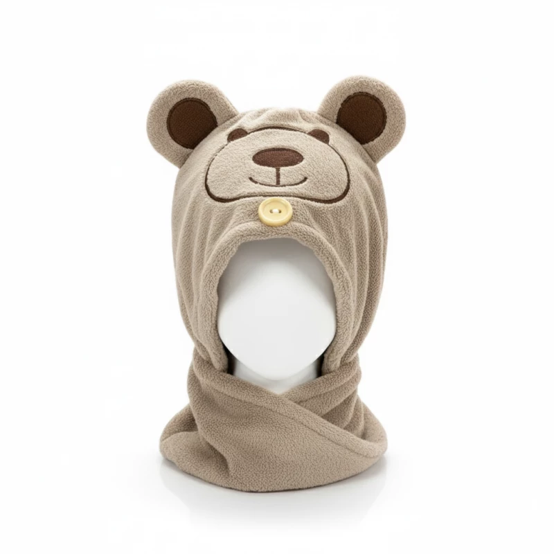 Kids’ cotton head towel with a charming bear hood, soft and comfy for everyday bath time. The coffee color adds a warm and cozy touch. - Aura