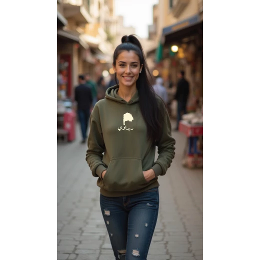 هودي أخضر زيتوني، ميديوم، تصميم ربداوي، إلهام ثقافي وفني، مريح، أنيق، مناسب للارتداء اليومي للجنسين من ديزاينلس هودي أخضر زيتوني، ميديوم، تصميم ربداوي، إلهام ثقافي وفني، مريح، أنيق، مناسب للارتداء اليومي للجنسين من ديزاينلس