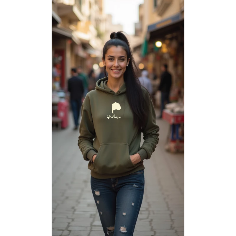 هودي أخضر زيتوني، ميديوم، تصميم ربداوي، إلهام ثقافي وفني، مريح، أنيق، مناسب للارتداء اليومي للجنسين من ديزاينلس - ديزاينليسس