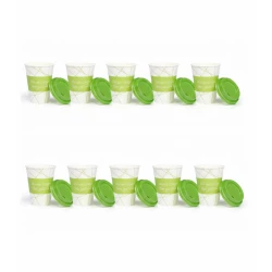 RZ Colored Green Paper Cups 12 oz, 10-Pack with Printed Designs & Matching Lid, Elegant Party & Gathering Cups