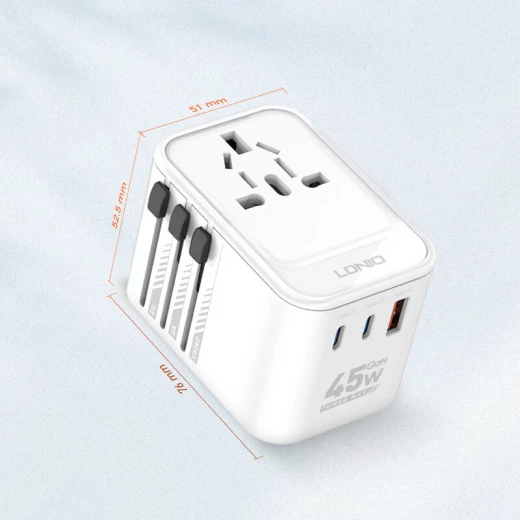 محول طاقة LDNIO Z8 GaN للسفر 45 واط، 3 منافذ USB، مقابس عالمية، شحن سريع - إل دي إن آي أو - Image 3