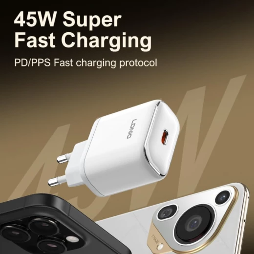 شاحن حائط LDNIO Q1415 USB-C بقوة 45 واط، محول شحن سريع لأجهزة iPhone و iPad وهواتف Android - إل دي إن آي أو - Image 4