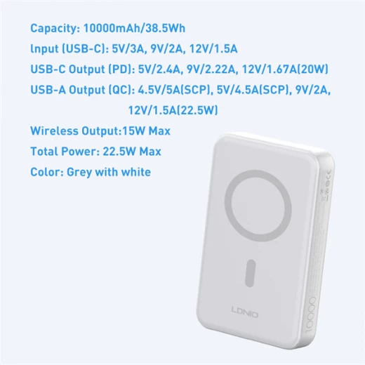 Ldnio PQ16 10000mAh Magnetic Wireless Power Bank with Invisible Stand, 22.5W Fast Charging, White - LDNIO - Image 8