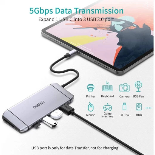 Choetech 9-in-1 USB-C Hub Multifunctional Adapter, HDMI 4K, VGA, USB 3.0, SD/TF Card Reader, RJ45, Gray - Choetech - Image 4