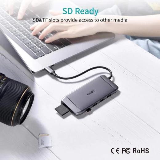 Choetech 9-in-1 USB-C Hub Multifunctional Adapter, HDMI 4K, VGA, USB 3.0, SD/TF Card Reader, RJ45, Gray - Choetech - Image 2