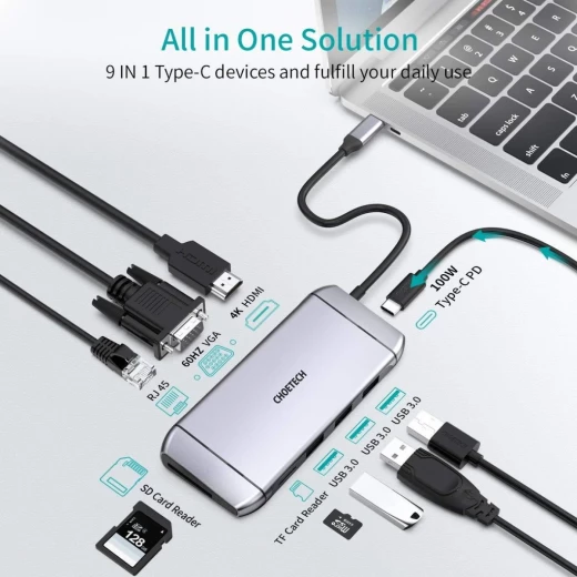 Choetech 9-in-1 USB-C Hub Multifunctional Adapter, HDMI 4K, VGA, USB 3.0, SD/TF Card Reader, RJ45, Gray - Choetech - Image 5