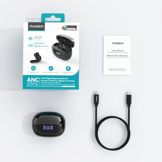 Choetech BH T60 Wireless Earbuds, ENC+ANC, Bluetooth 5.3, Black, Up to 40 Hours Playtime, Fast Charging, IPX4 Water Resistant - Choetech - Image 3