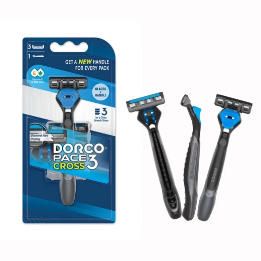 Dorco Pace 3 Cross Disposable Razors for Men, 3 Blades Pivoting Head, 1 Rubber Handle + 3 Refills Dorco Pace 3 Cross Disposable Razors for Men, 3 Blades Pivoting Head, 1 Rubber Handle + 3 Refills