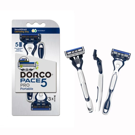 Dorco Pace 5 Pro Disposable Razors for Men, 5 Blades Pivoting Head, 3 Rubber Handles on a Card Dorco Pace 5 Pro Disposable Razors for Men, 5 Blades Pivoting Head, 3 Rubber Handles on a Card