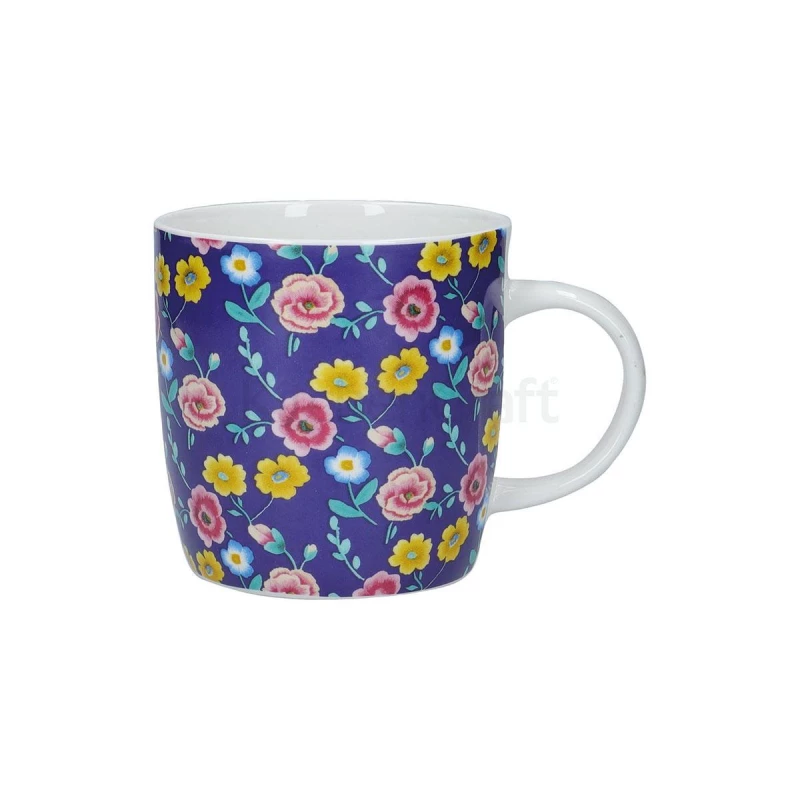 KitchenCraft Navy Floral Barrel Shaped Mug 425ml Porcelain Coffee Tea Cup